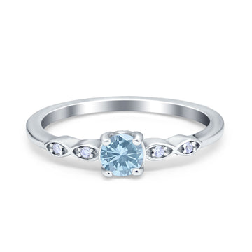 Petite Dainty Wedding Ring Round Simulated Aquamarine CZ 925 Sterling Silver